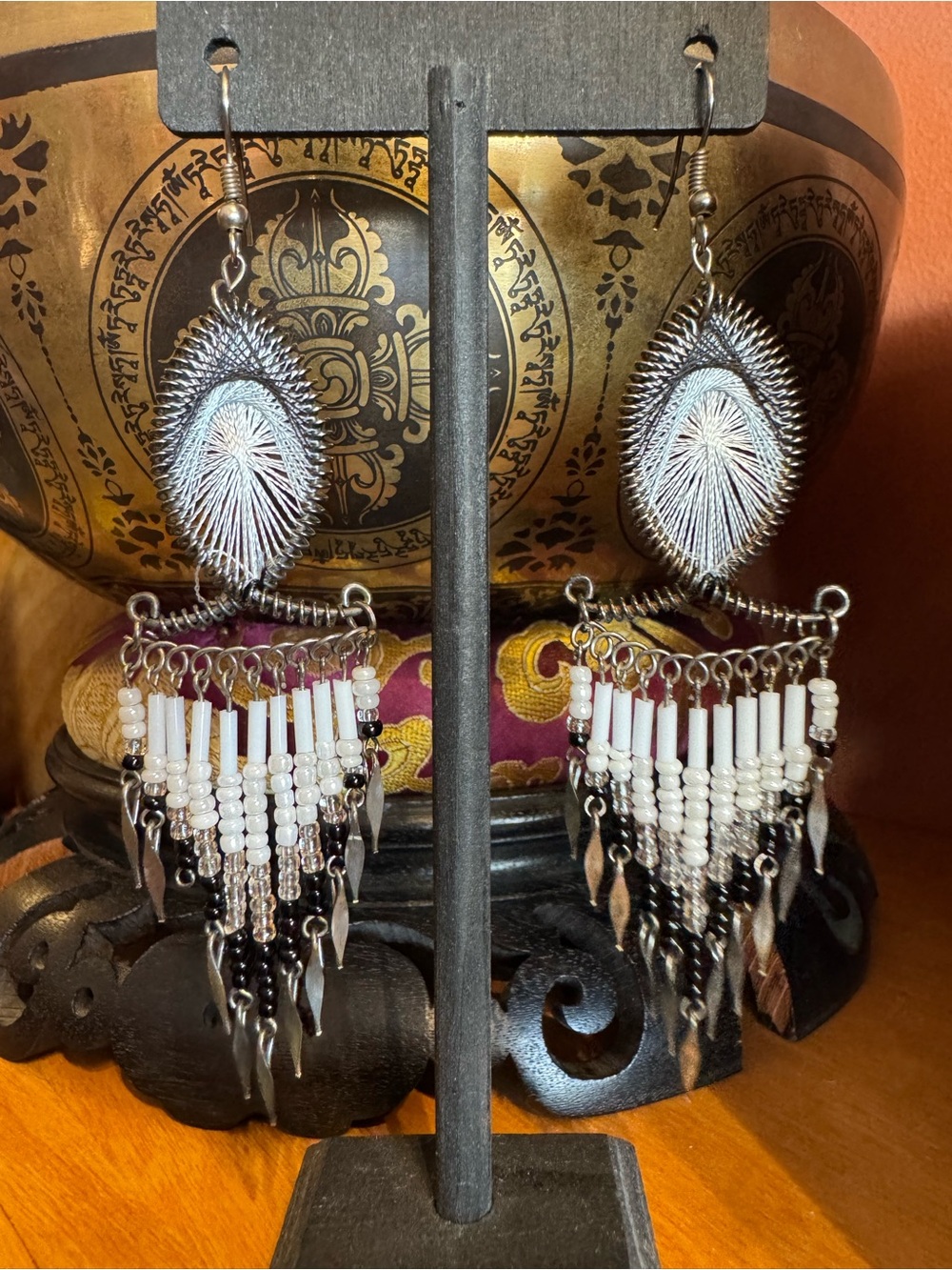Dream Catcher earrings Seed bead dangles Silver White & Black